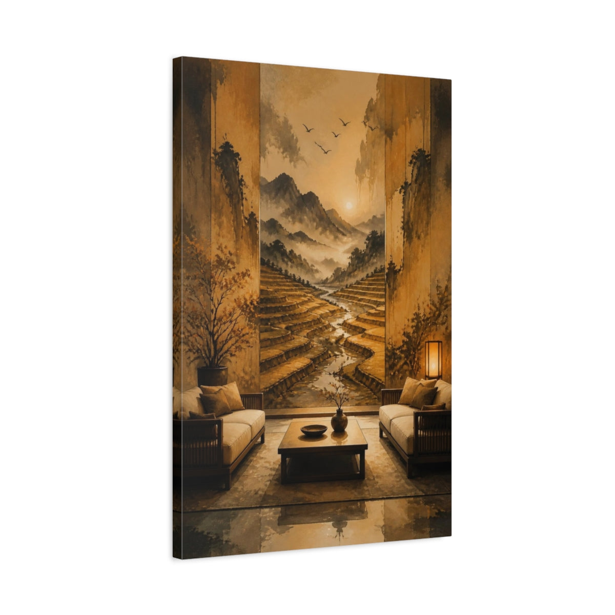 Side Mockup 2. Terraced Fields Living Room shown as canvas print
