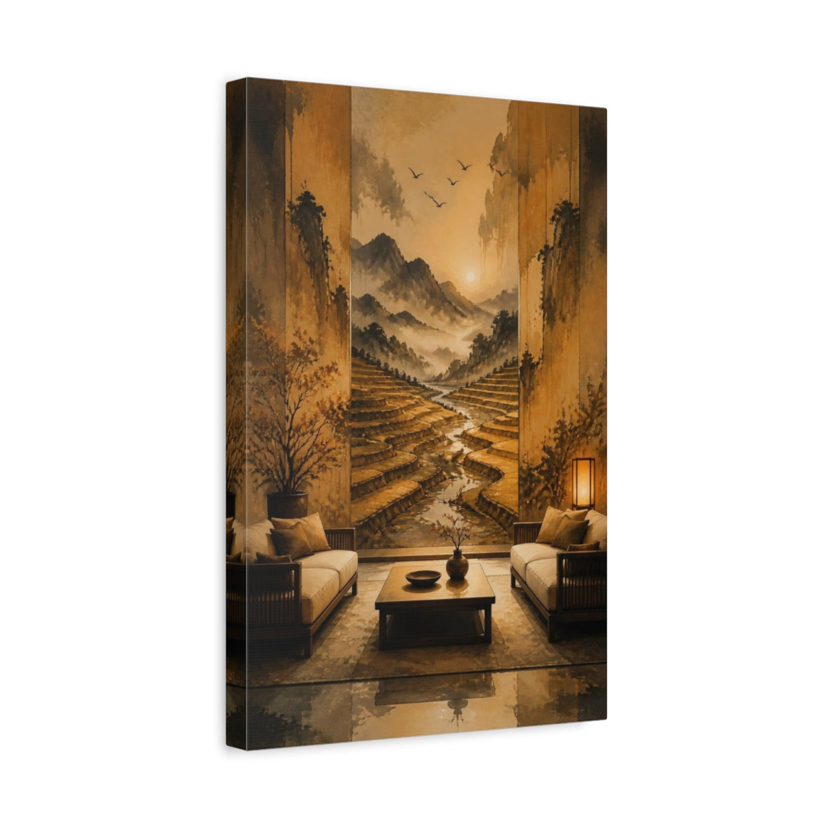 Side Mockup 4. Terraced Fields Living Room shown as canvas print