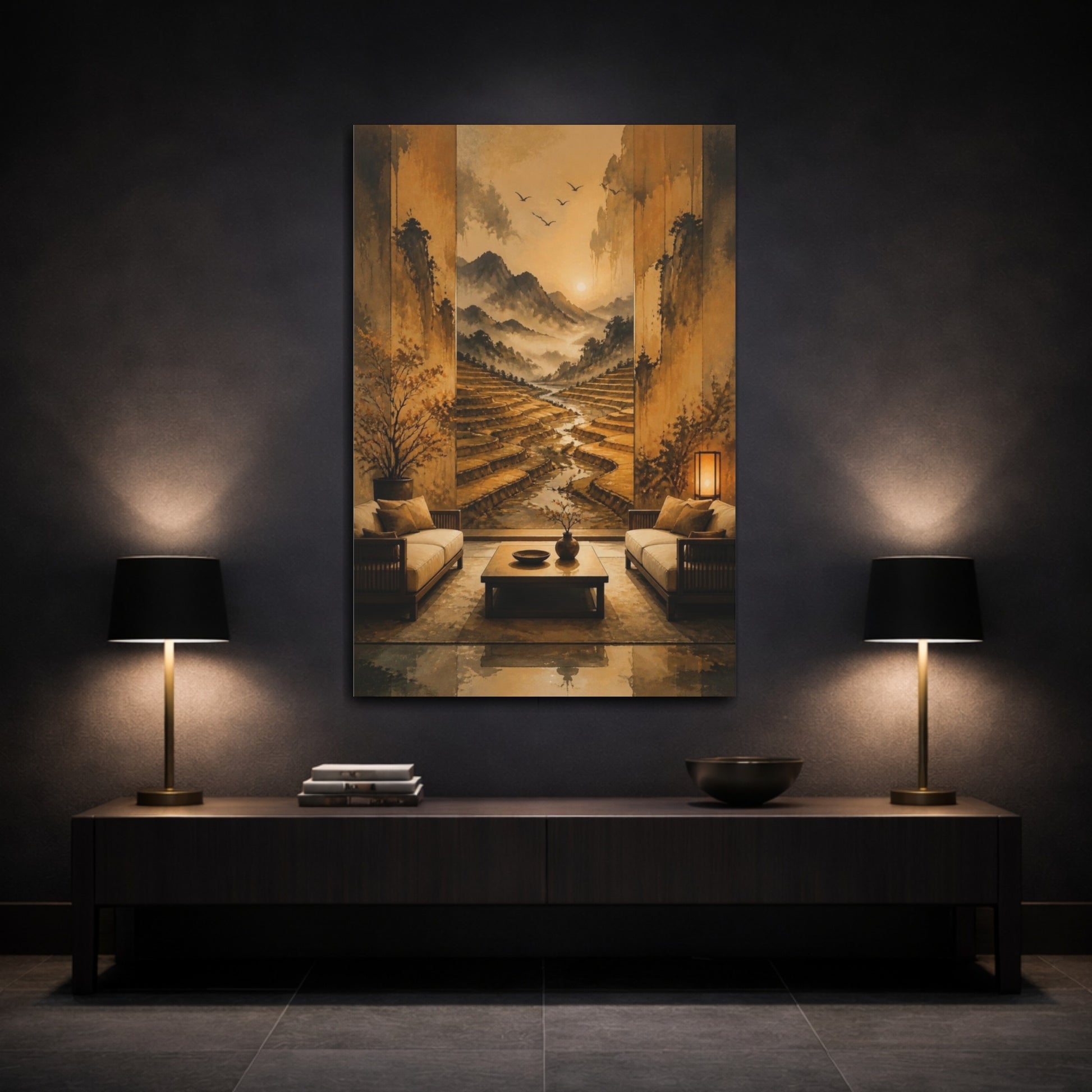 Mockup 3. Terraced Fields Living Room shown as canvas print