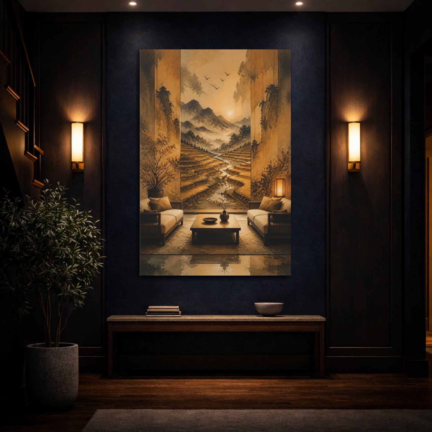 Mockup 4. Terraced Fields Living Room shown as canvas print
