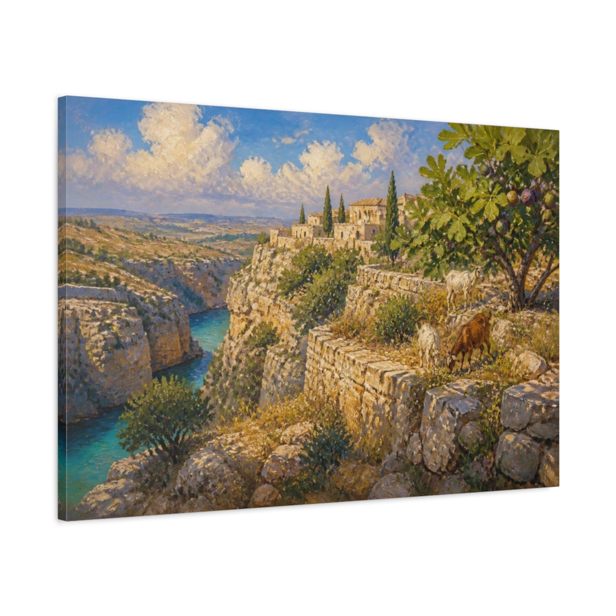 Main Mockup. Terraced Limestone Landscape With Goats shown as canvas print