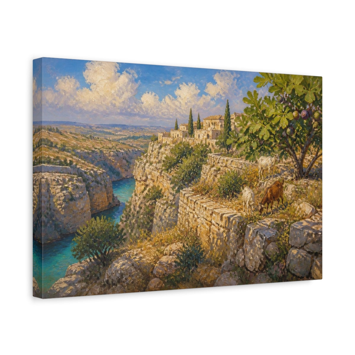 Side Mockup 4. Terraced Limestone Landscape With Goats shown as canvas print
