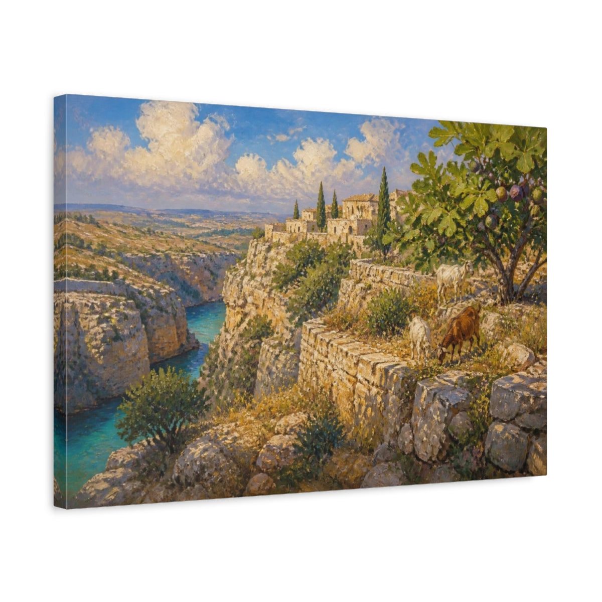 Side Mockup 3. Terraced Limestone Landscape With Goats shown as canvas print