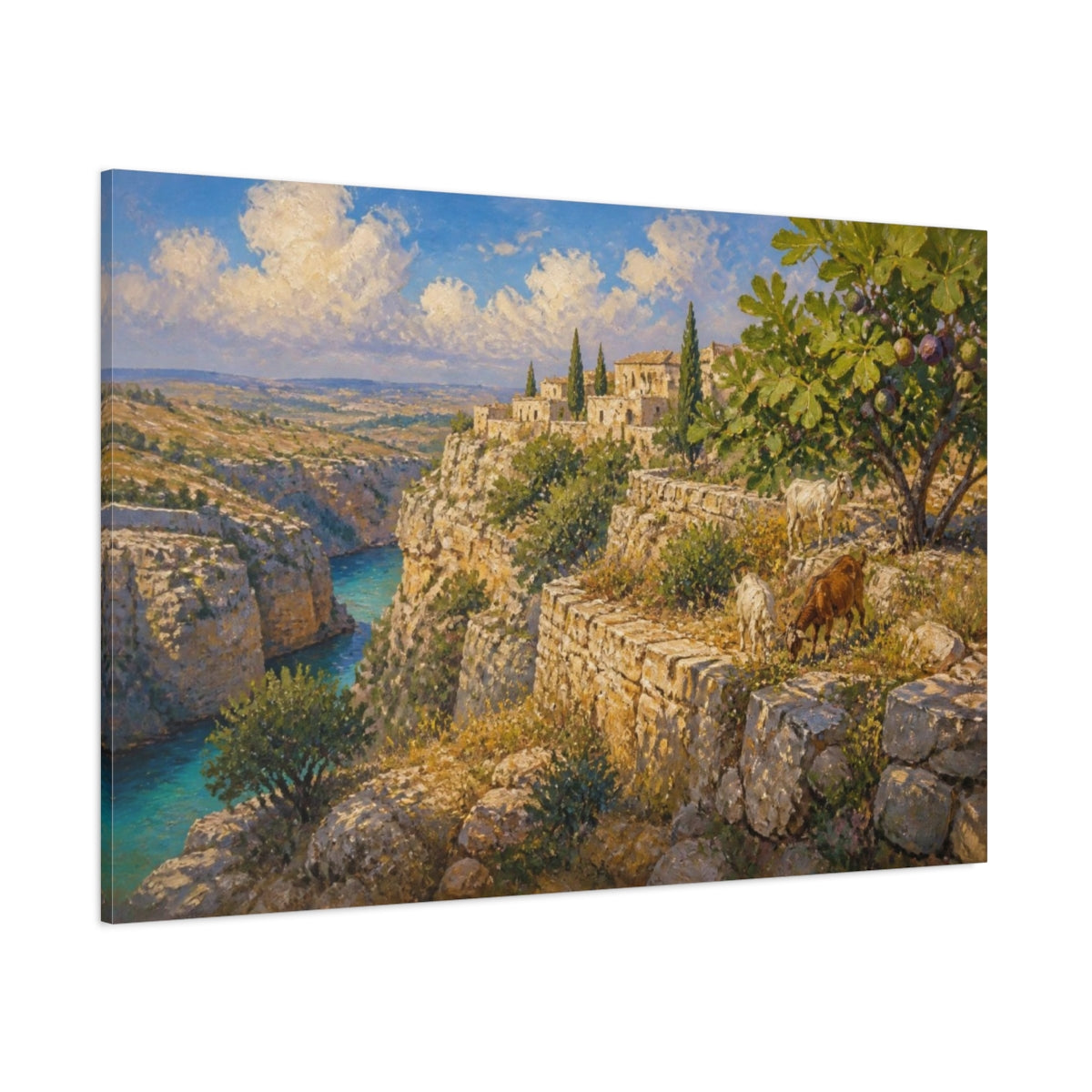Side Mockup 1. Terraced Limestone Landscape With Goats shown as canvas print