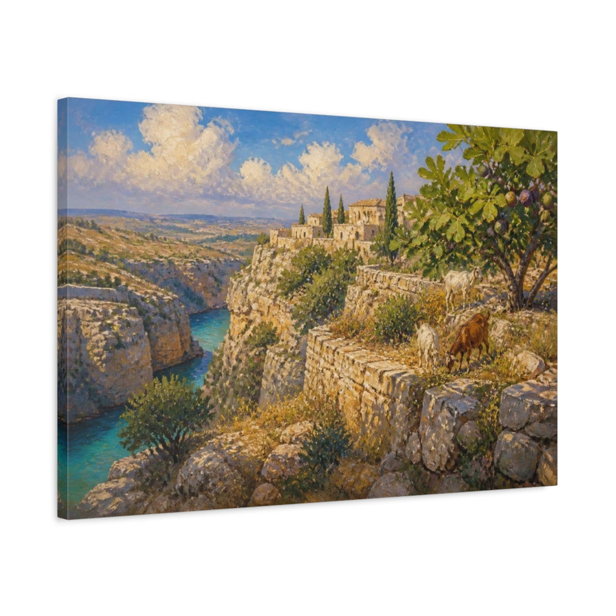Side Mockup 2. Terraced Limestone Landscape With Goats shown as canvas print