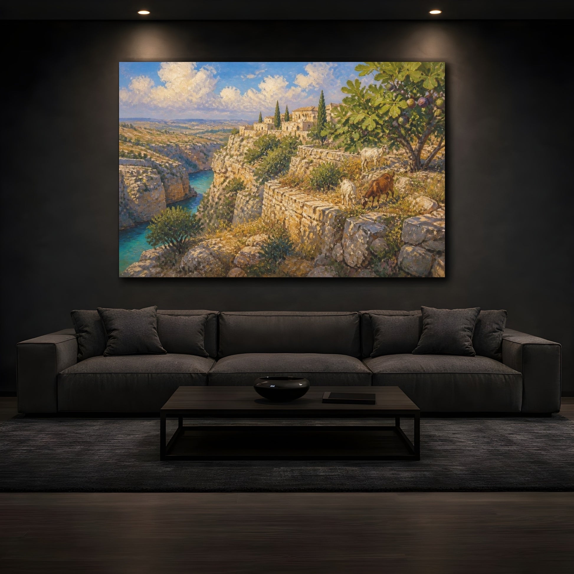 Mockup 3. Terraced Limestone Landscape With Goats shown as canvas print