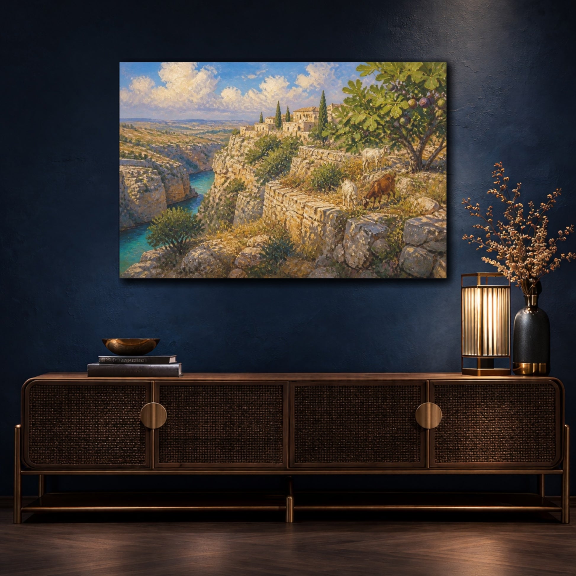 Mockup 4. Terraced Limestone Landscape With Goats shown as canvas print