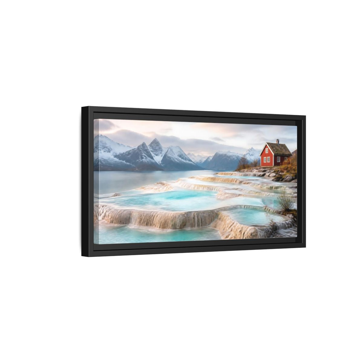 Side Mockup 8. Terraced Pools And Red Cabin shown as framed canvas print