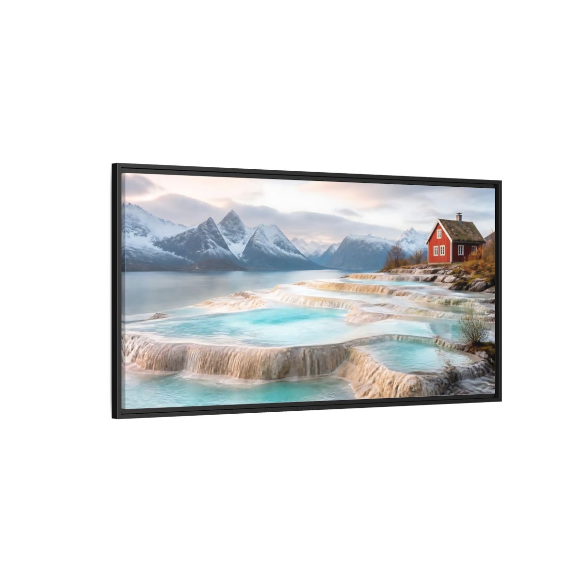 Side Mockup 5. Terraced Pools And Red Cabin shown as framed canvas print