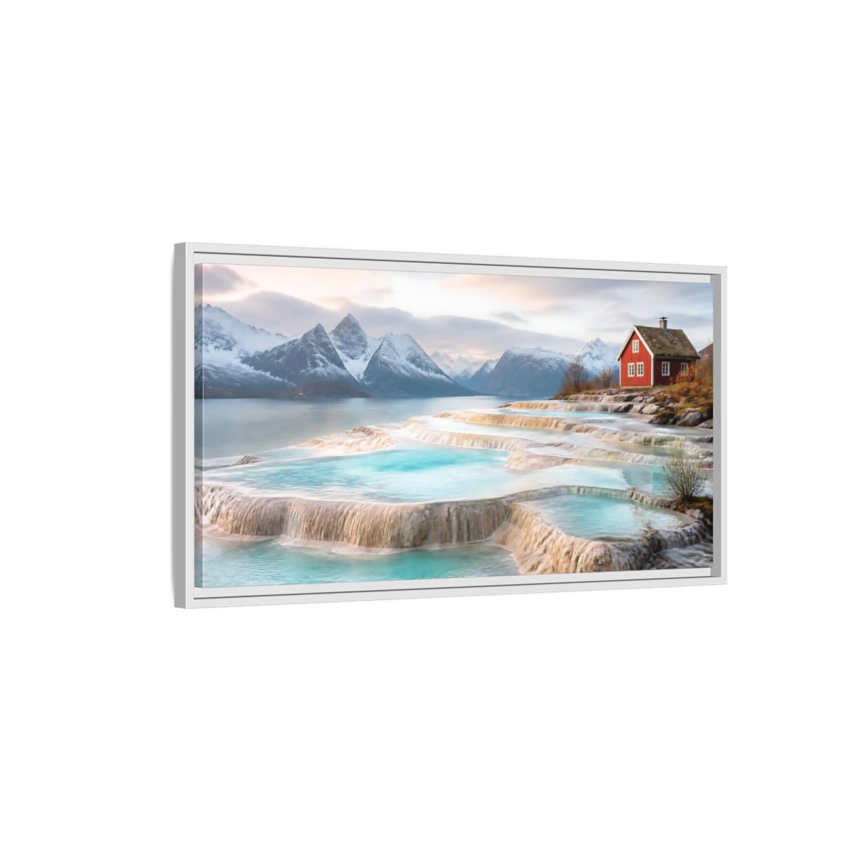 Side Mockup 1. Terraced Pools And Red Cabin shown as framed canvas print