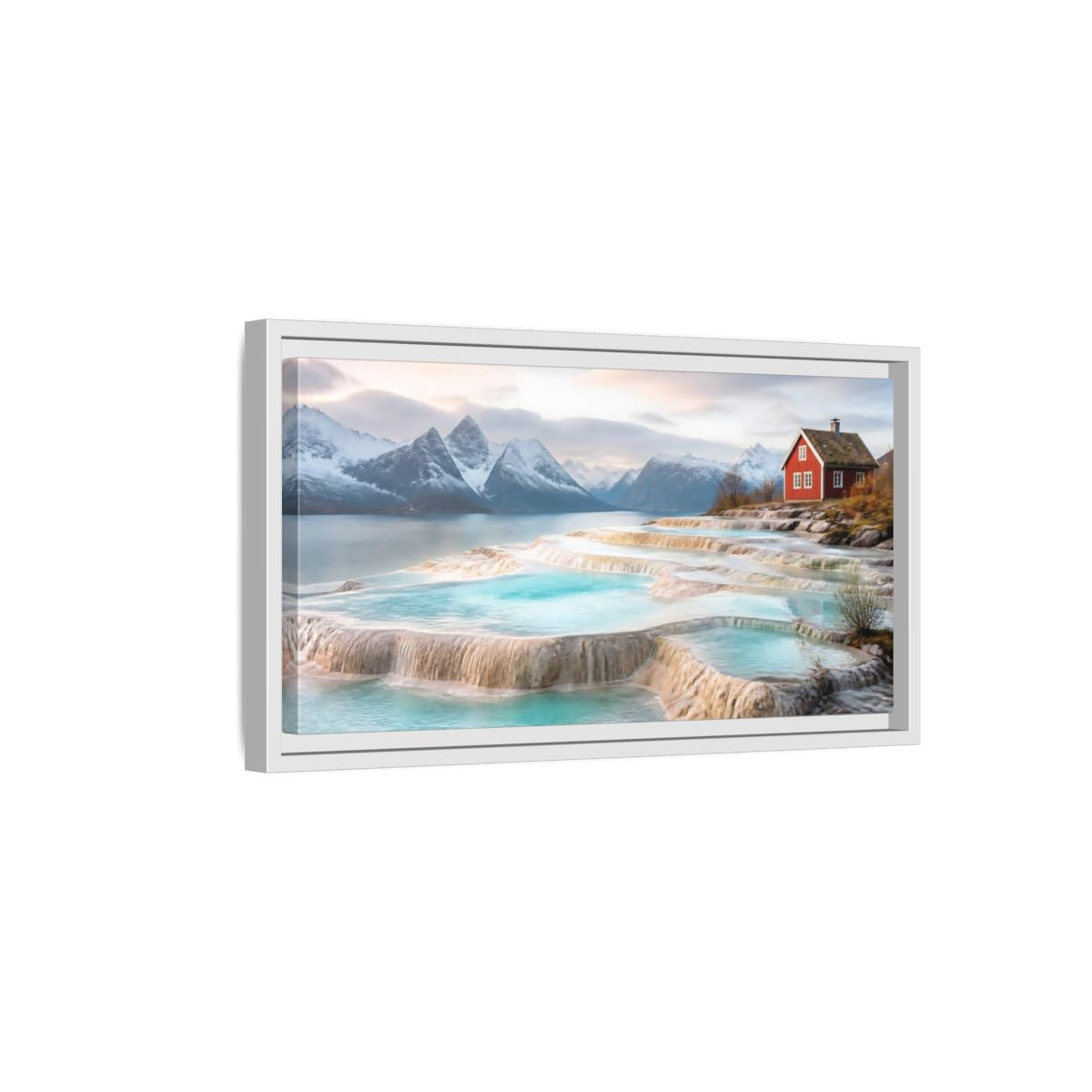 Side Mockup 6. Terraced Pools And Red Cabin shown as framed canvas print