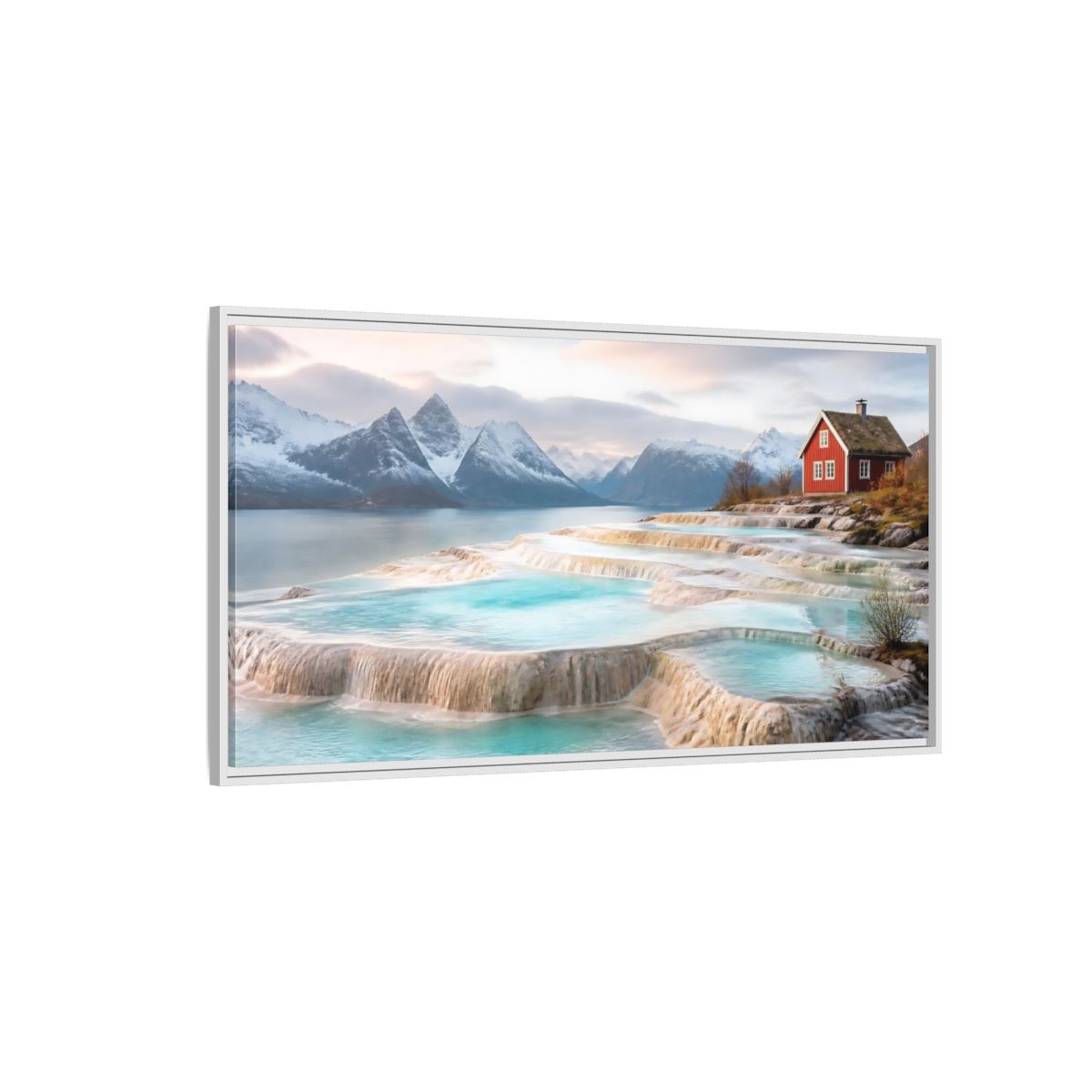 Side Mockup 3. Terraced Pools And Red Cabin shown as framed canvas print