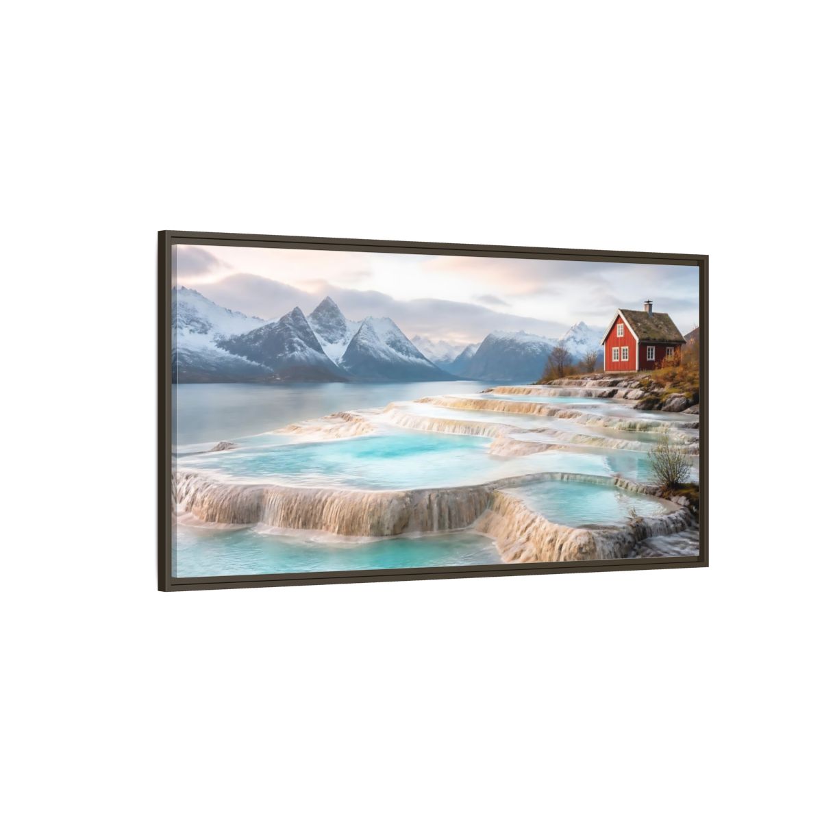 Side Mockup 4. Terraced Pools And Red Cabin shown as framed canvas print