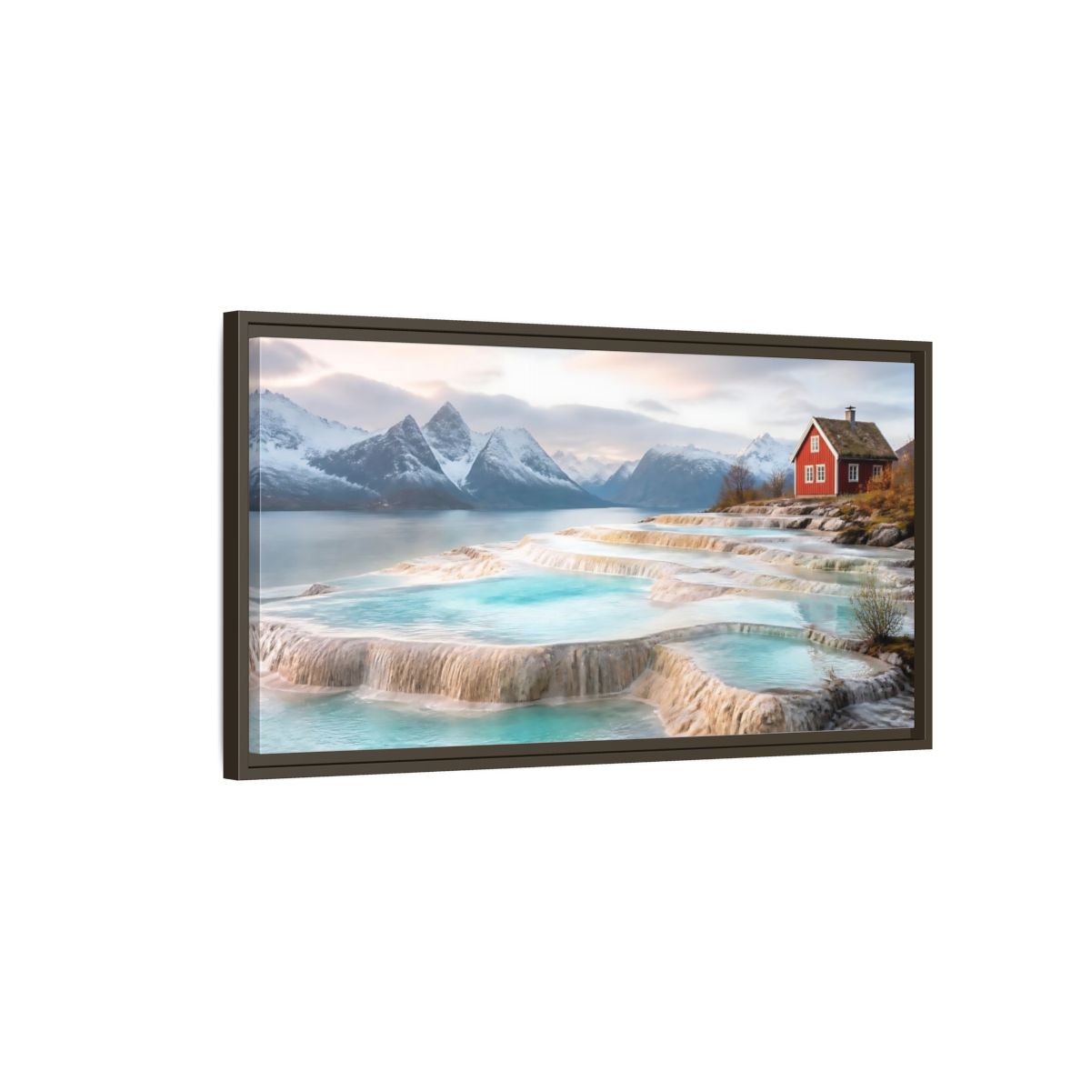 Main Mockup. Terraced Pools And Red Cabin shown as framed canvas print