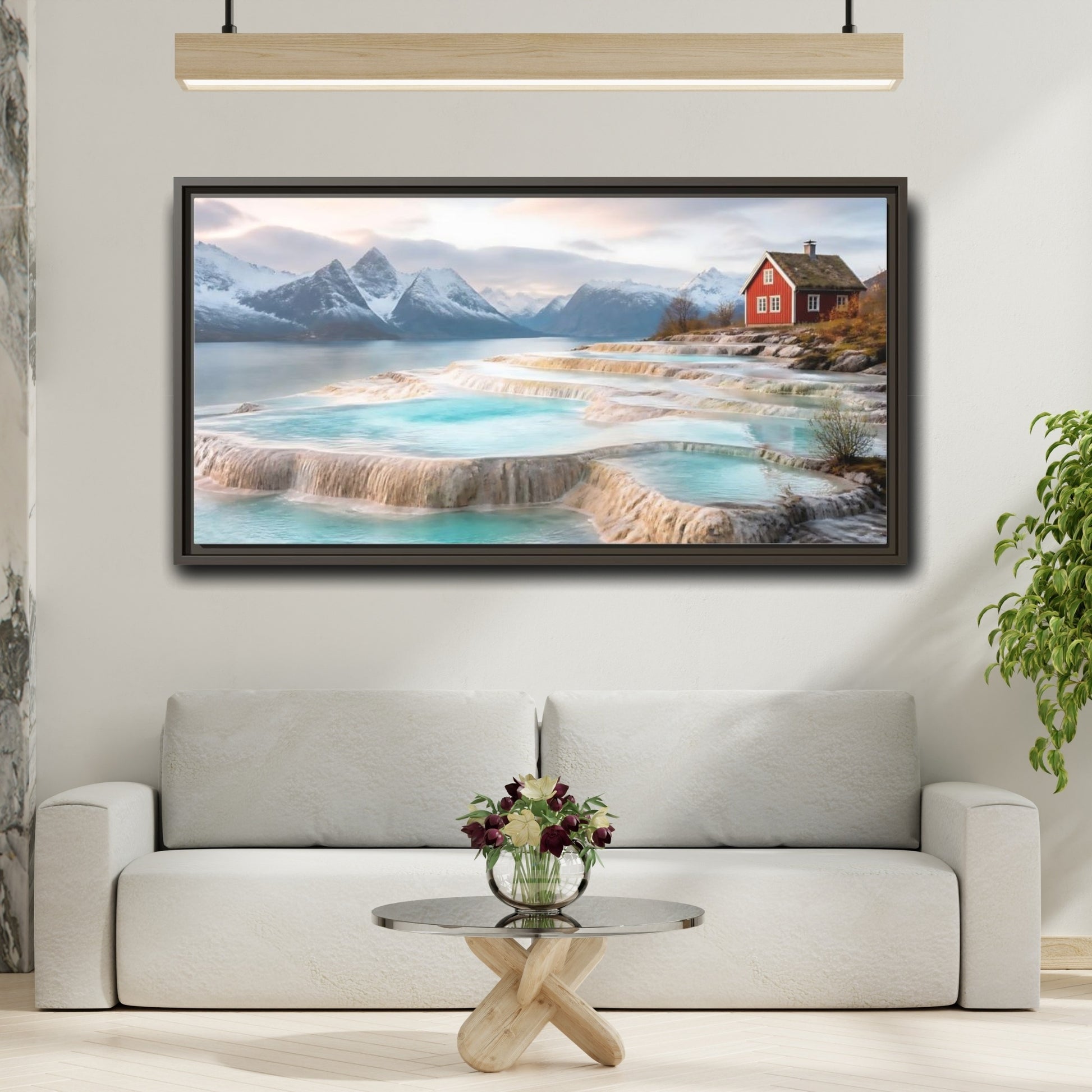 Mockup 2. Terraced Pools And Red Cabin shown as framed canvas print