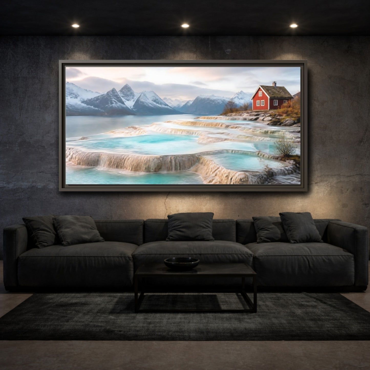 Mockup 3. Terraced Pools And Red Cabin shown as framed canvas print