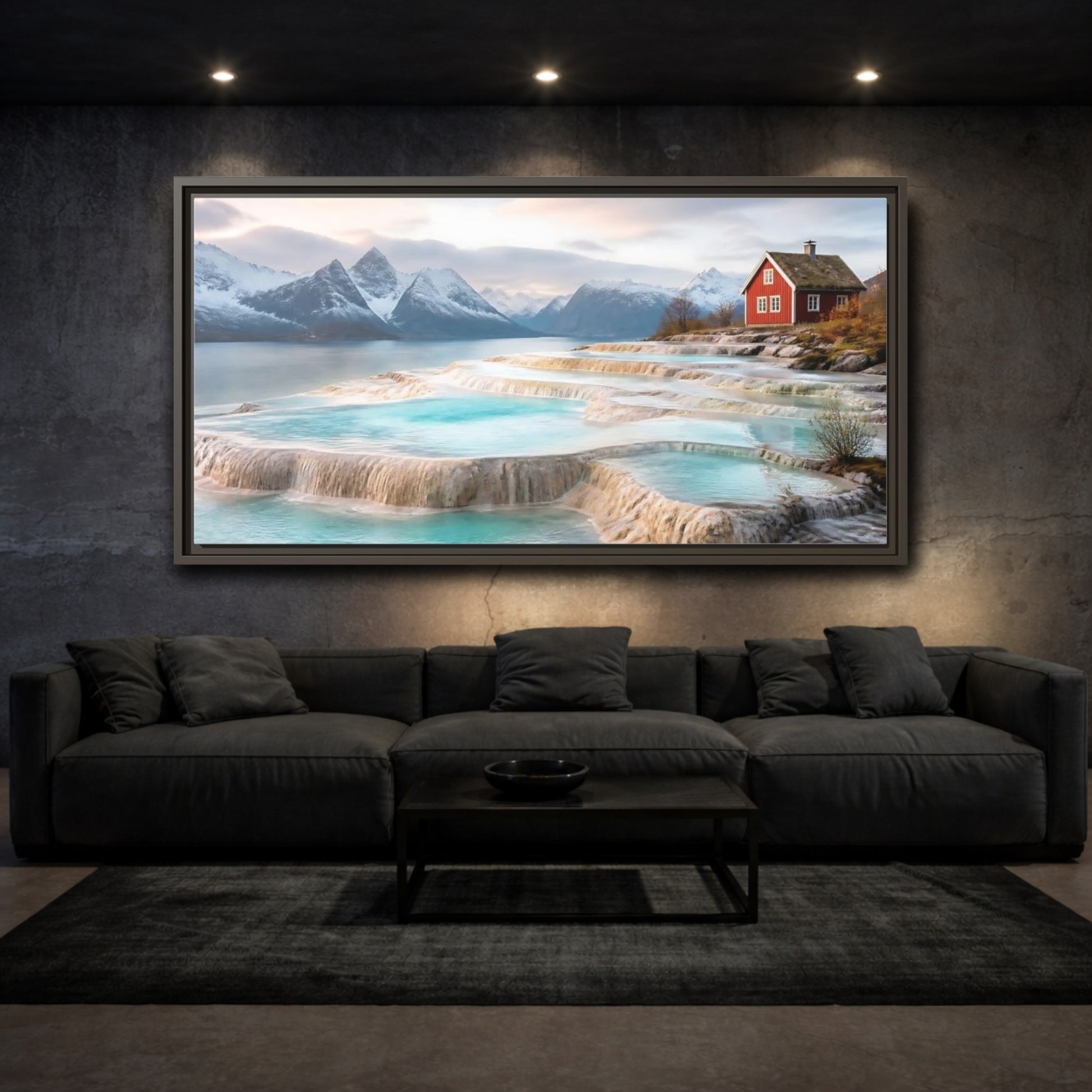 Mockup 3. Terraced Pools And Red Cabin shown as framed canvas print