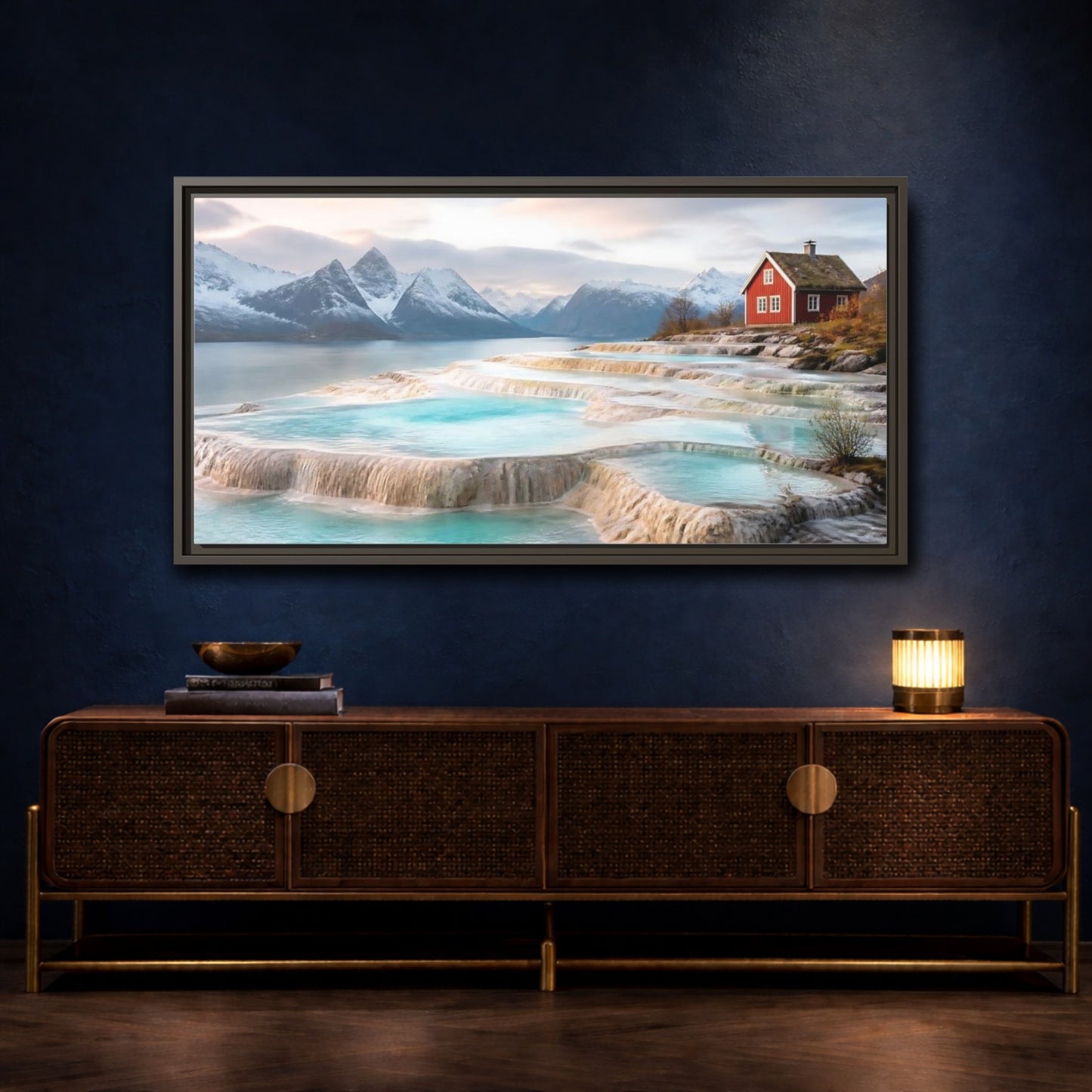 Mockup 4. Terraced Pools And Red Cabin shown as framed canvas print
