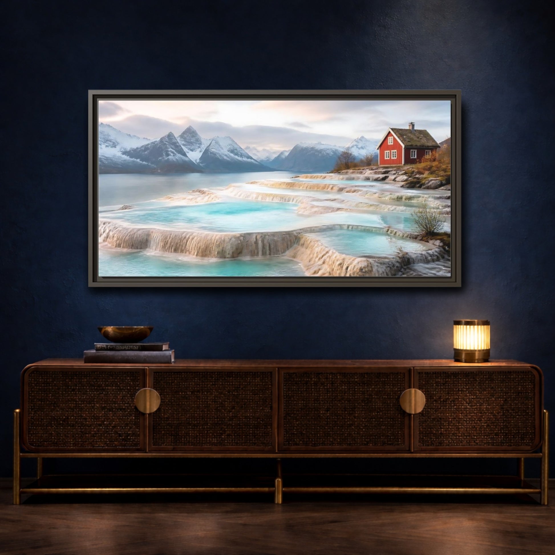 Mockup 4. Terraced Pools And Red Cabin shown as framed canvas print