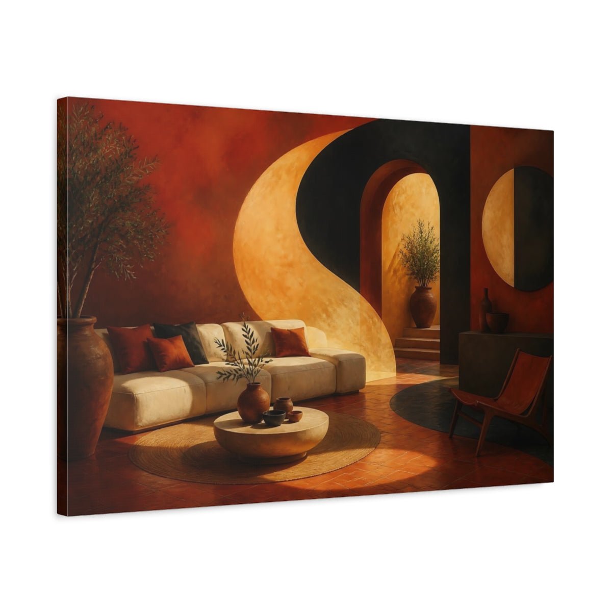 Terracotta Sofa And Arch Canvas Print – Living Room, Above Couch, Ochre - YesArtYes