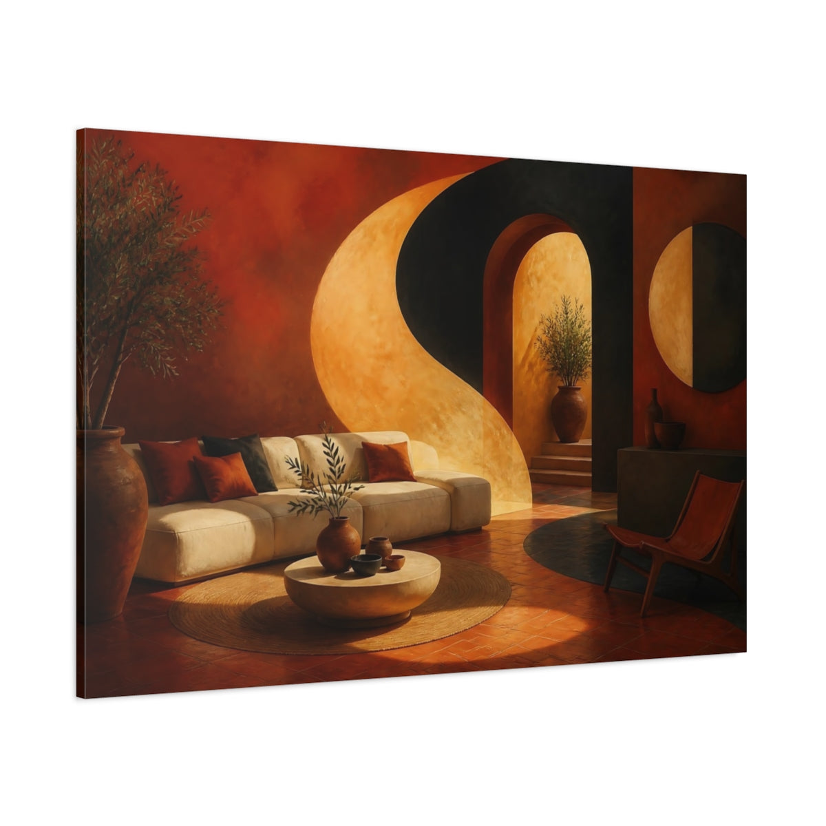 Side Mockup 1. Terracotta Sofa And Arch shown as canvas print
