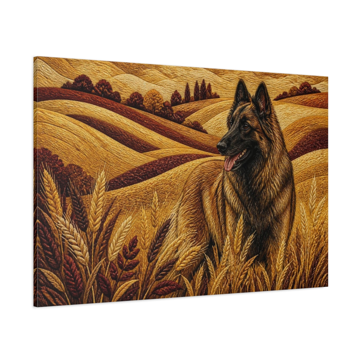 Side Mockup 1. Tervuren Pet In Wheat shown as canvas print