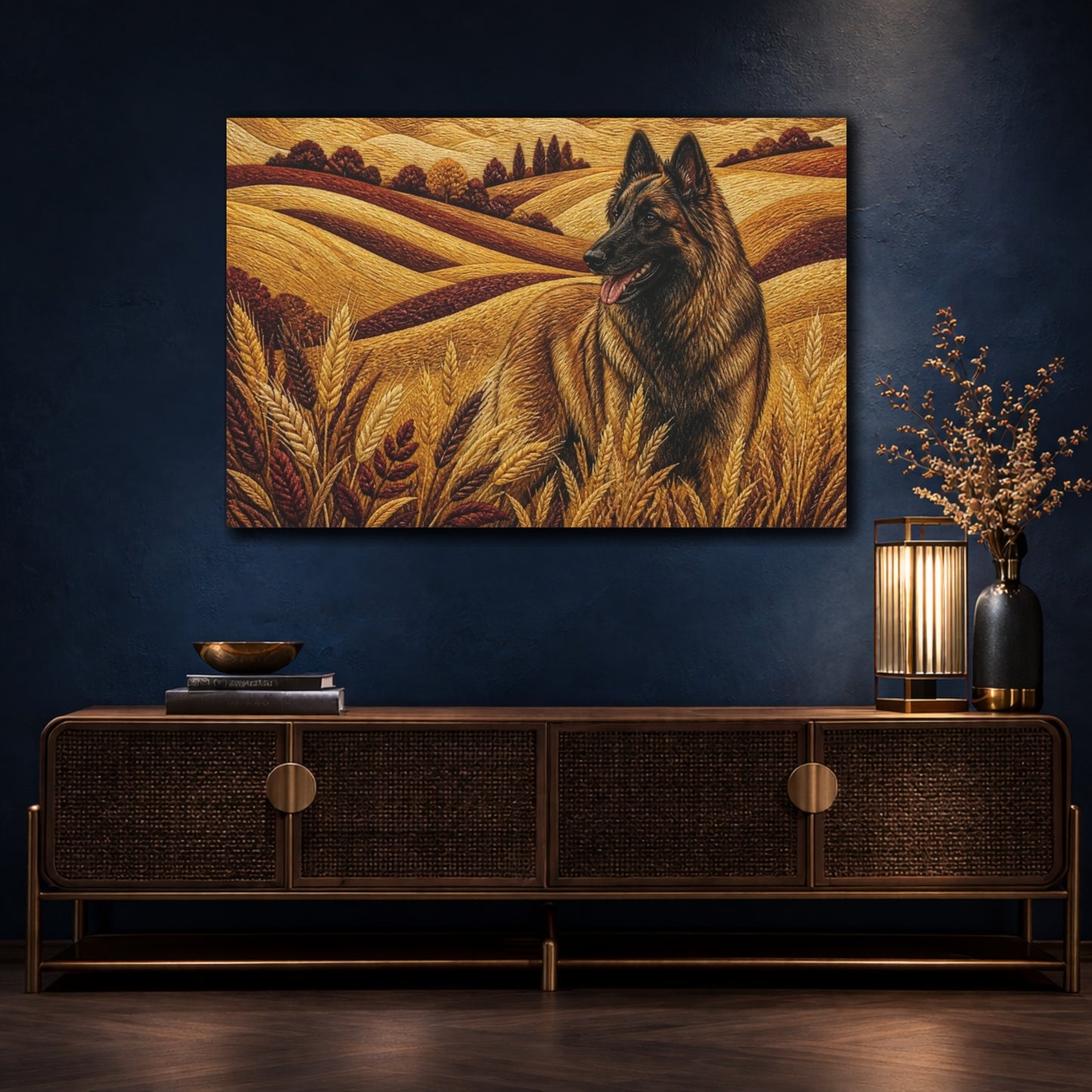 Mockup 4. Tervuren Pet In Wheat shown as canvas print