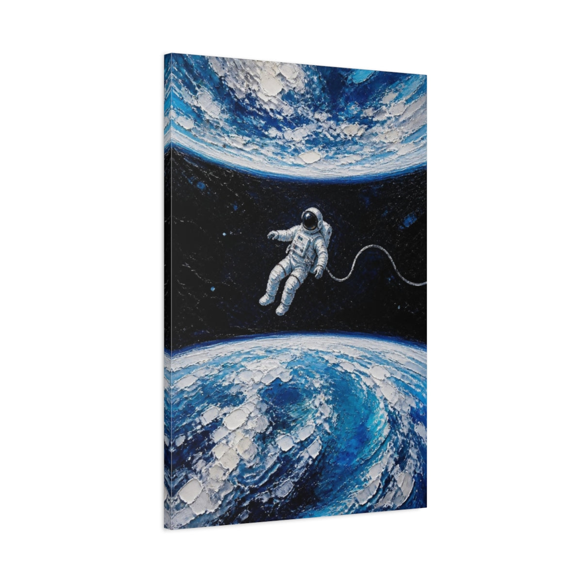 Main Mockup. Tethered Astronaut Over Earth shown as canvas print