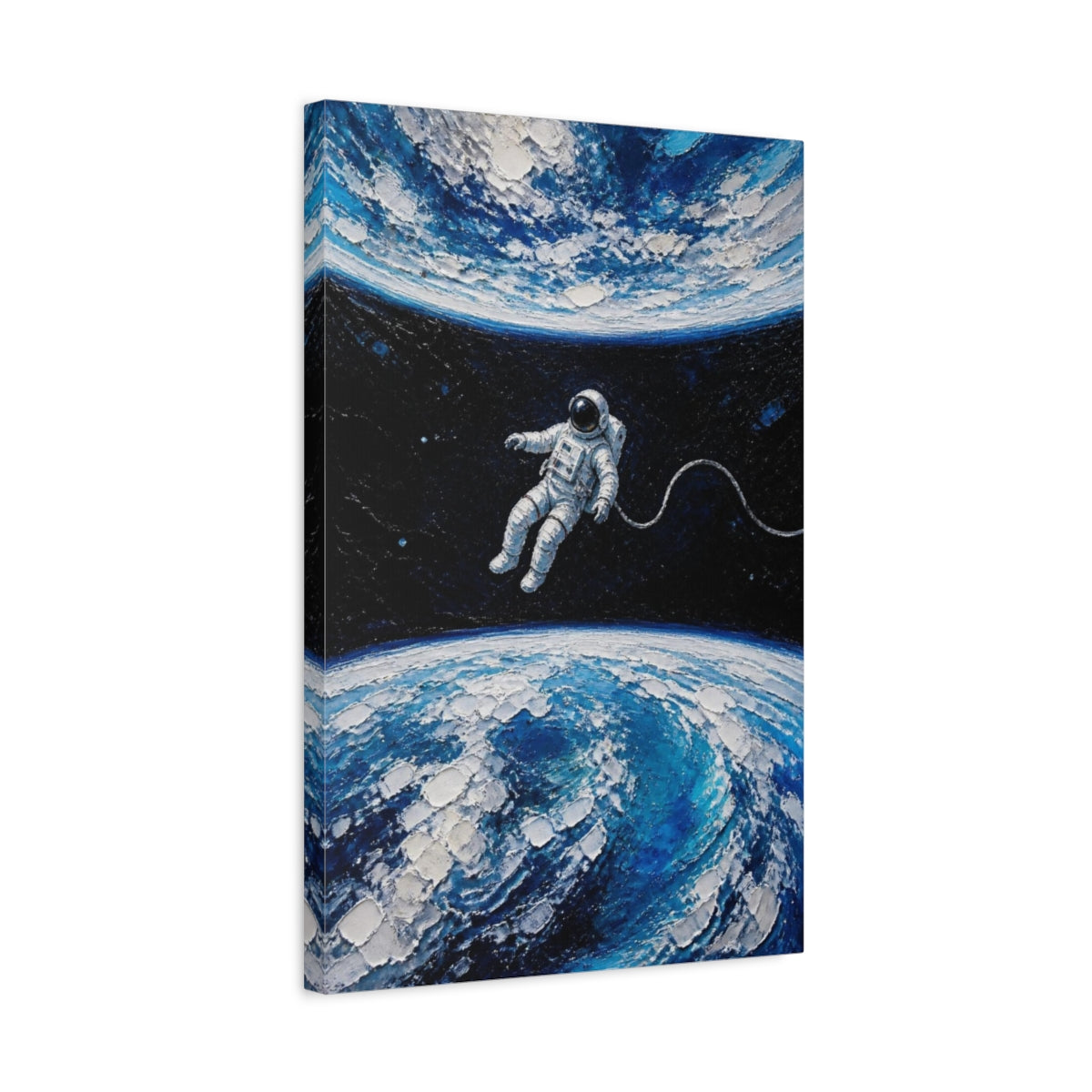 Side Mockup 3. Tethered Astronaut Over Earth shown as canvas print