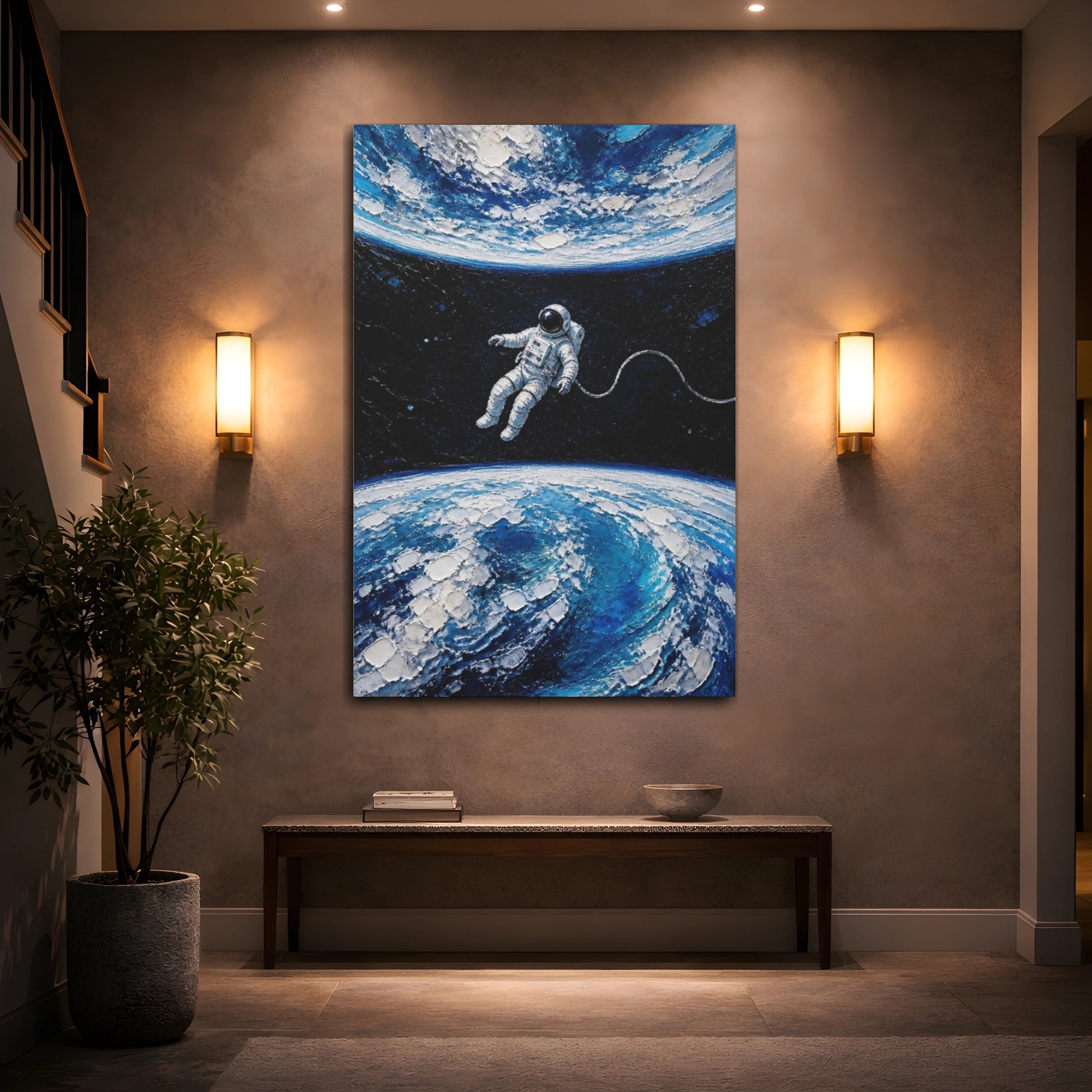 Mockup 2. Tethered Astronaut Over Earth shown as canvas print