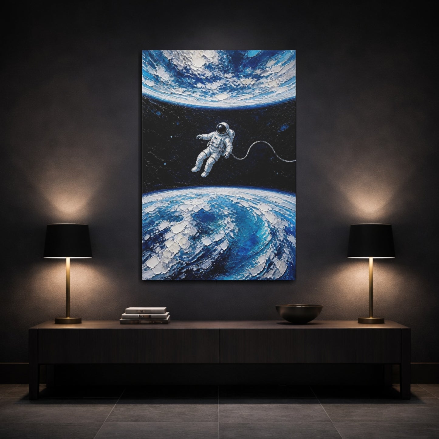 Mockup 3. Tethered Astronaut Over Earth shown as canvas print