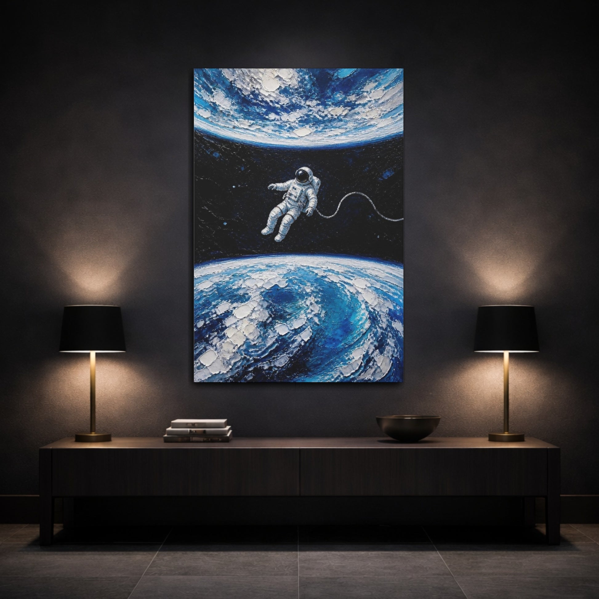 Mockup 3. Tethered Astronaut Over Earth shown as canvas print
