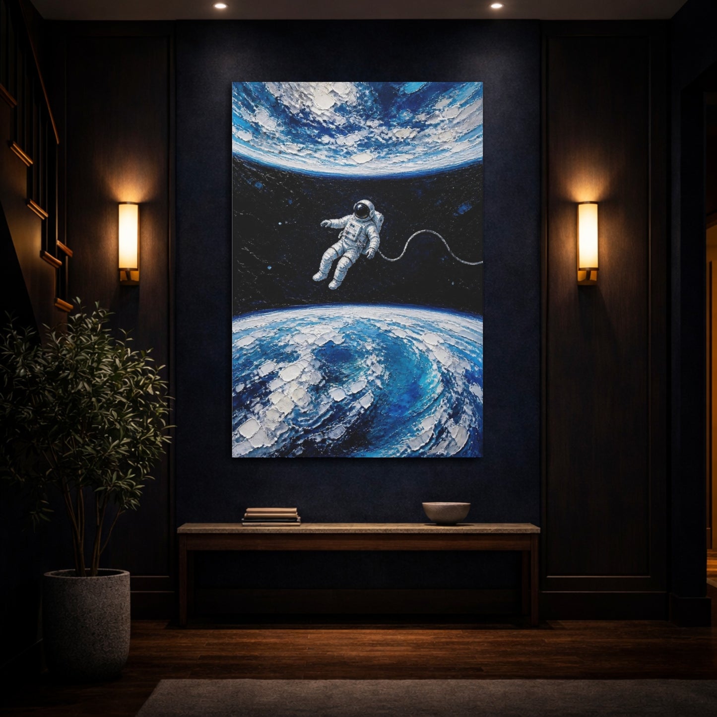 Mockup 4. Tethered Astronaut Over Earth shown as canvas print