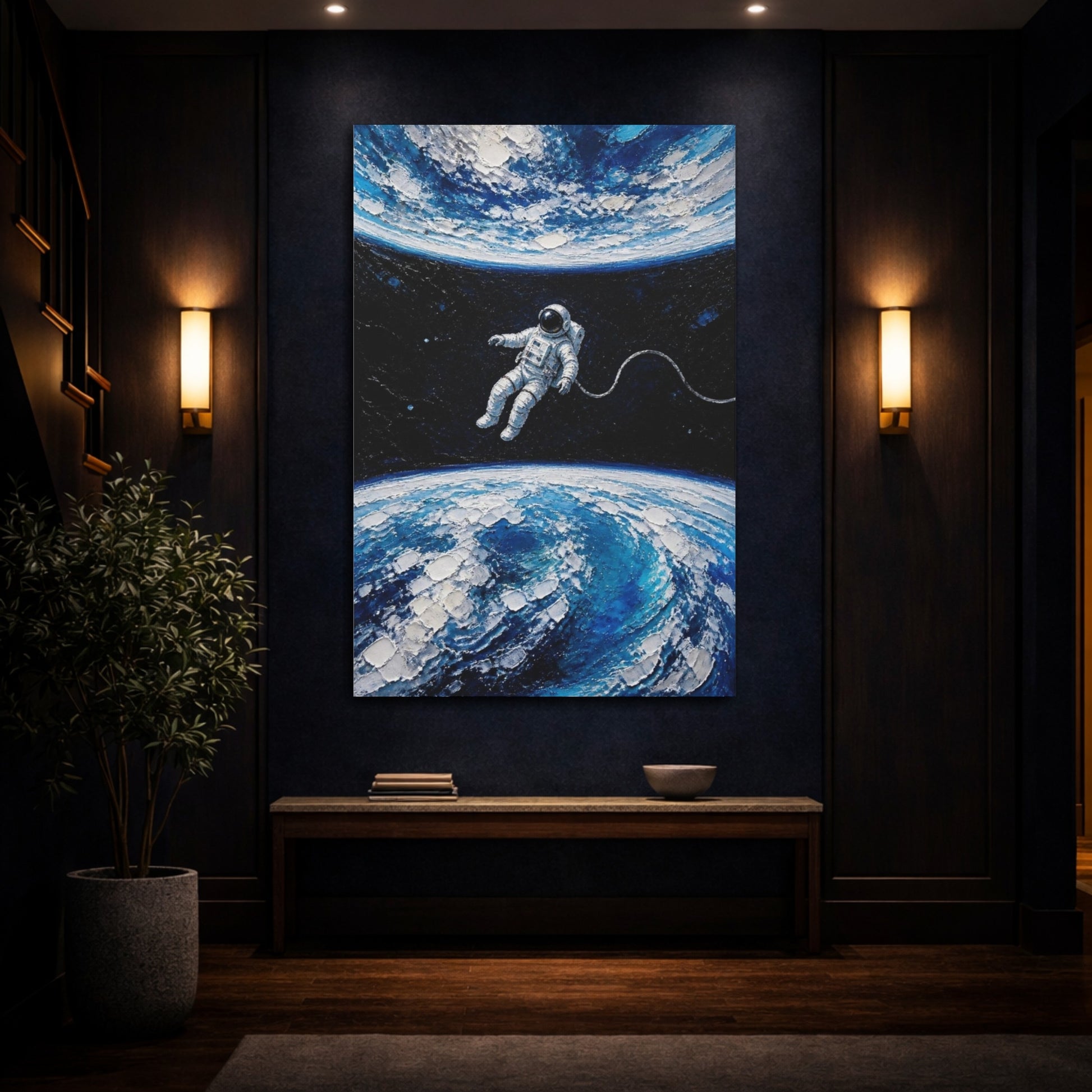 Mockup 4. Tethered Astronaut Over Earth shown as canvas print