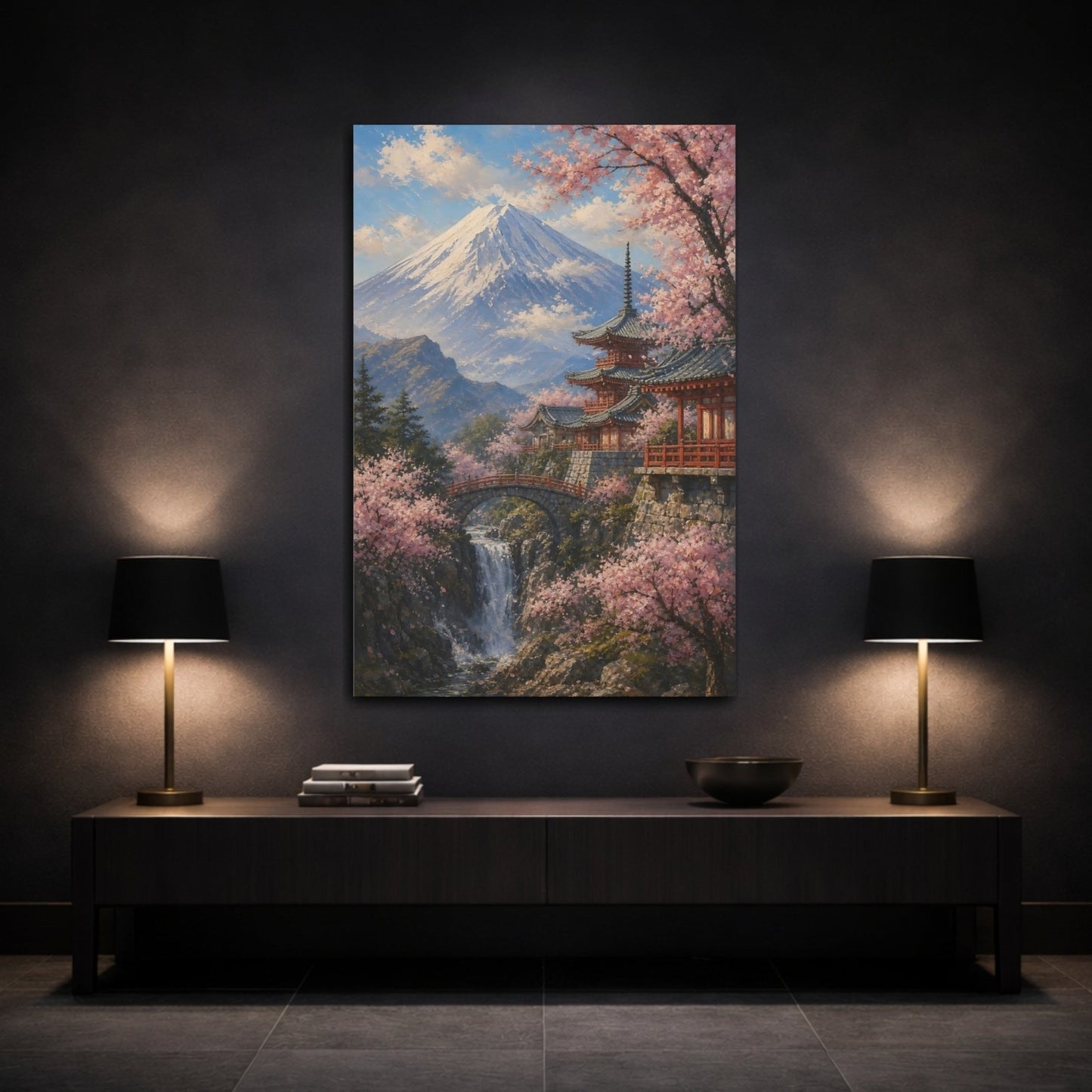 Textured Palette Knife Mountain Painting Cherry Canvas Wall Art Print – Impressionistic Living Room, Above Sofa - YesArtYes
