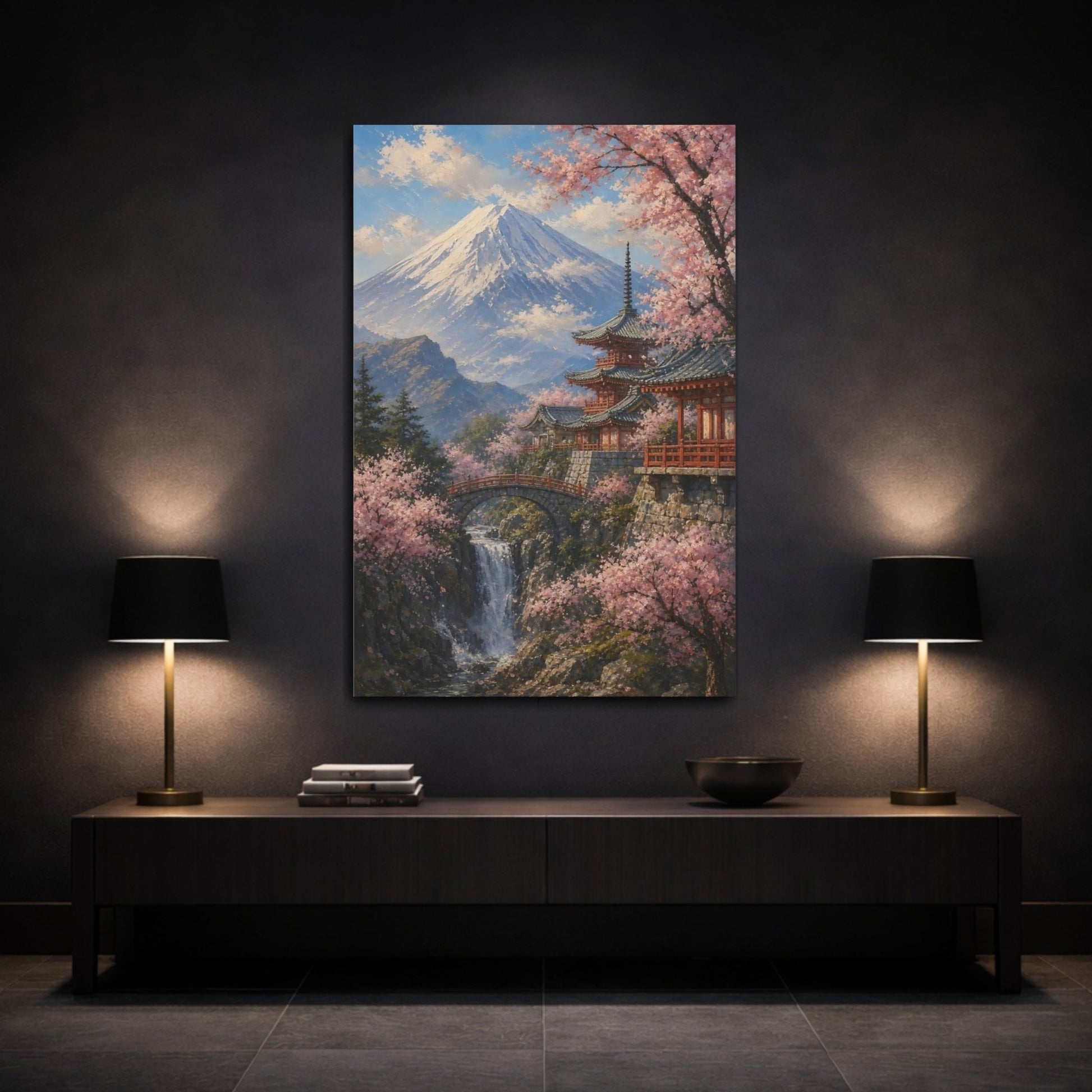 Textured Palette Knife Mountain Painting Cherry Canvas Wall Art Print – Impressionistic Living Room, Above Sofa - YesArtYes