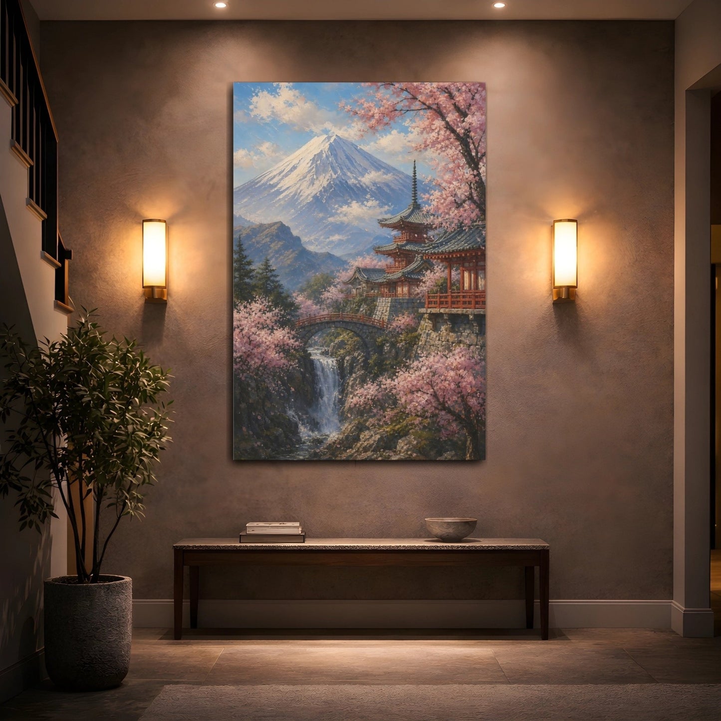Textured Palette Knife Mountain Painting Cherry Canvas Wall Art Print – Impressionistic Living Room, Above Sofa - YesArtYes