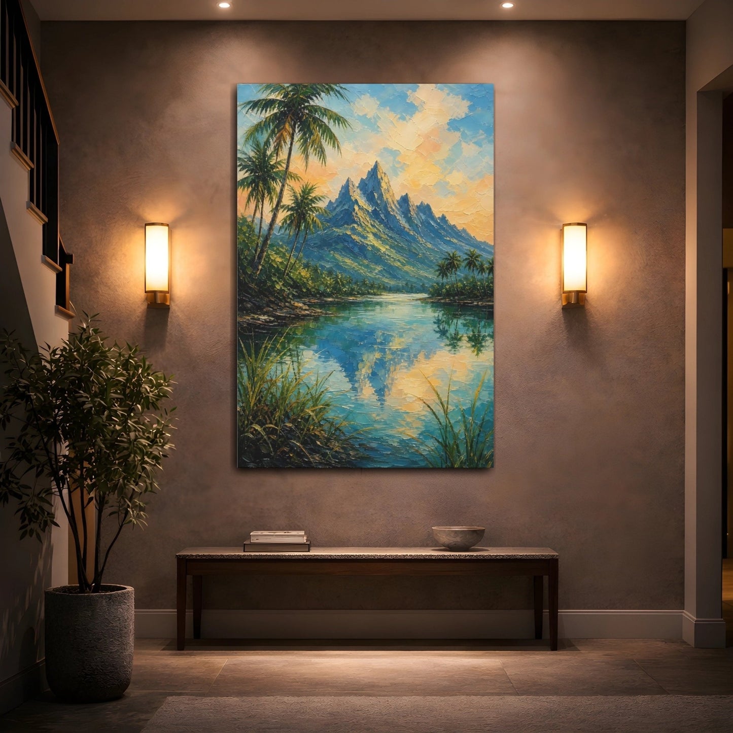 Textured Palette Knife Mountain Painting Coconut Canvas Print – Living Room, Above Fireplace, Multi - color - YesArtYes