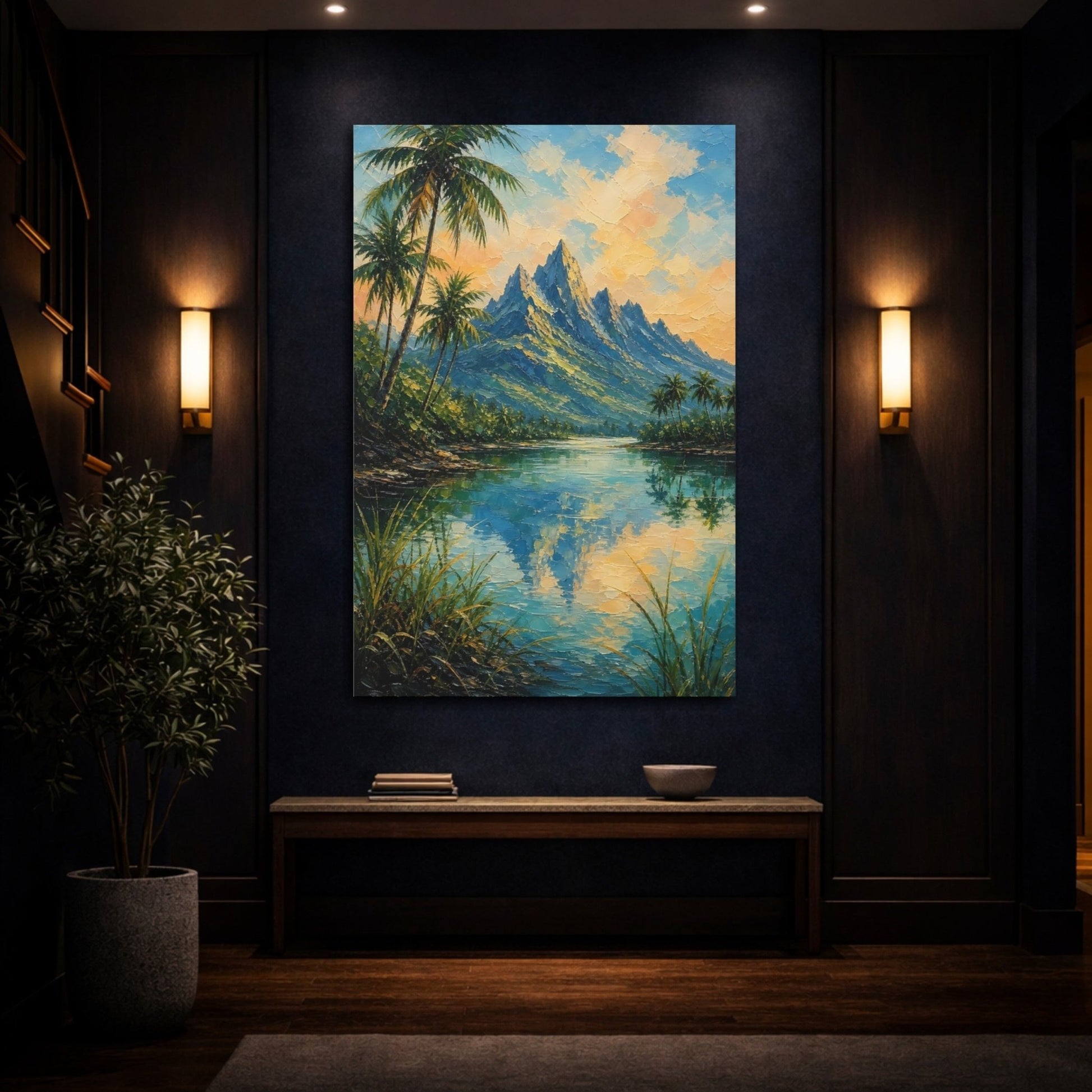 Textured Palette Knife Mountain Painting Coconut Canvas Print – Living Room, Above Fireplace, Multi - color - YesArtYes