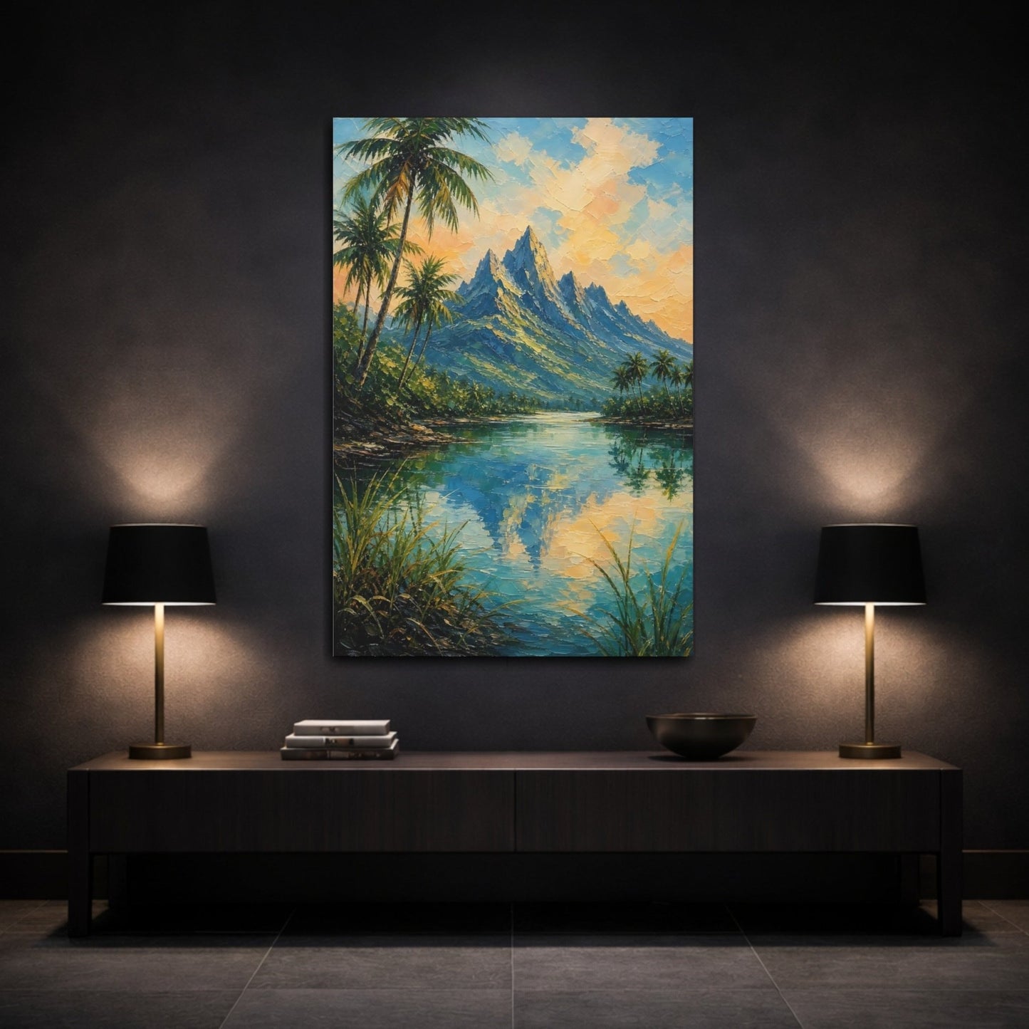 Textured Palette Knife Mountain Painting Coconut Canvas Print – Living Room, Above Fireplace, Multi - color - YesArtYes