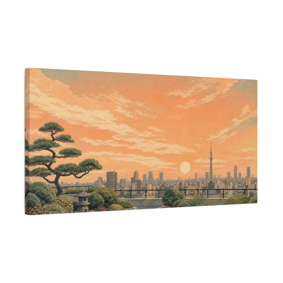 Side Mockup 1. Textured Vintage Travel Poster Tokyo Rooftop Garden Beneath A Peach Sky, Sage, Concrete Gray And Apricot shown as canvas print
