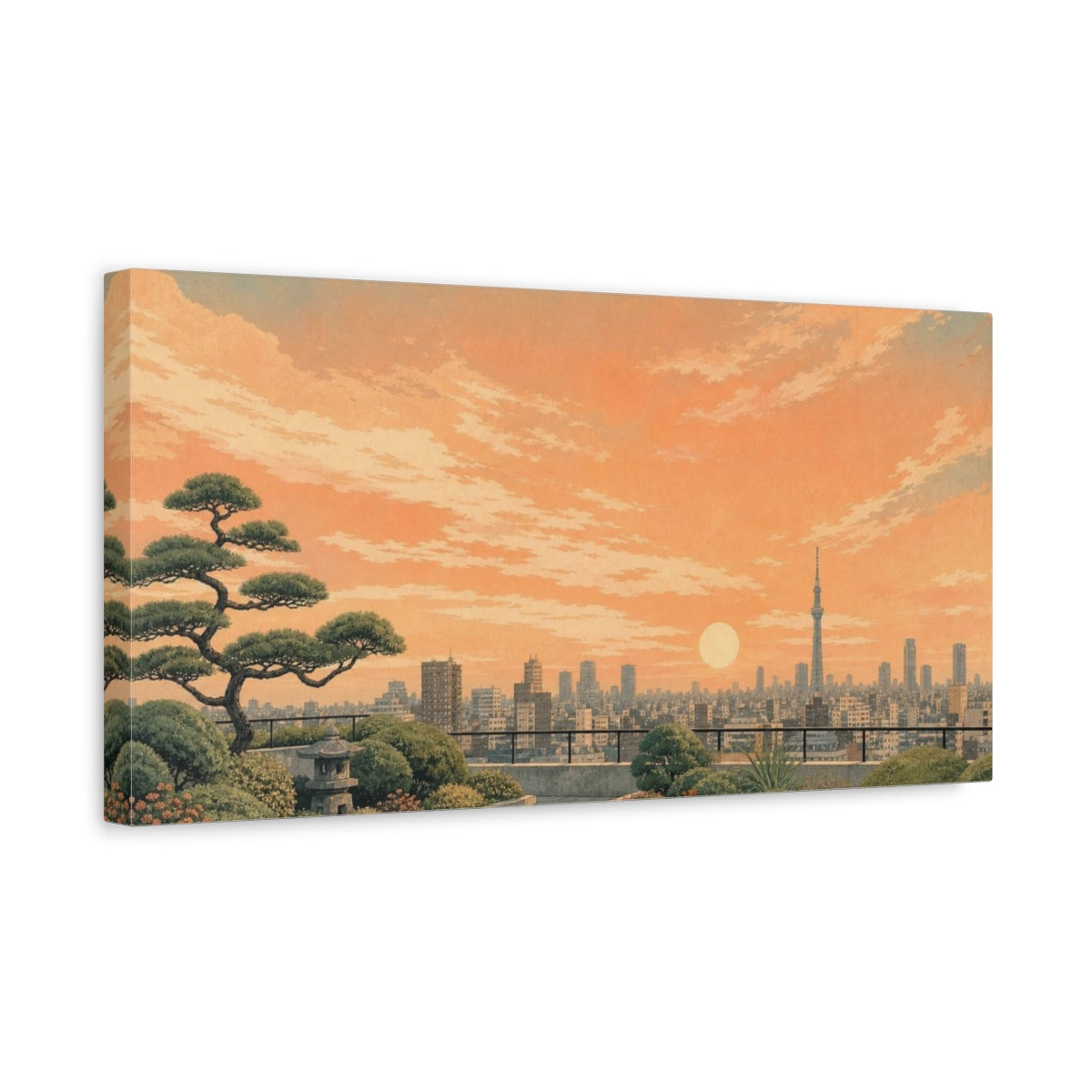Side Mockup 3. Textured Vintage Travel Poster Tokyo Rooftop Garden Beneath A Peach Sky, Sage, Concrete Gray And Apricot shown as canvas print