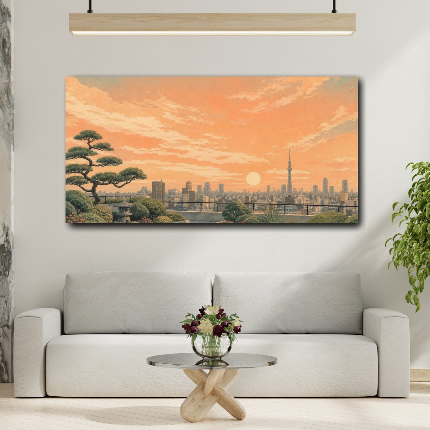 Mockup 2. Textured Vintage Travel Poster Tokyo Rooftop Garden Beneath A Peach Sky, Sage, Concrete Gray And Apricot shown as canvas print