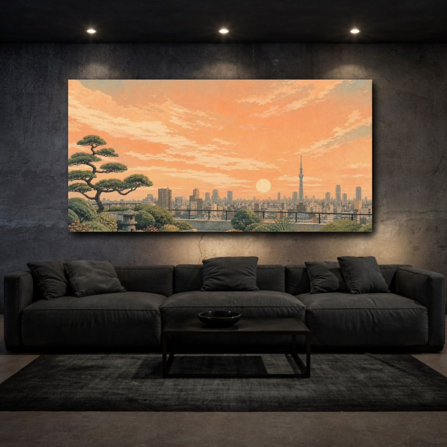 Mockup 3. Textured Vintage Travel Poster Tokyo Rooftop Garden Beneath A Peach Sky, Sage, Concrete Gray And Apricot shown as canvas print