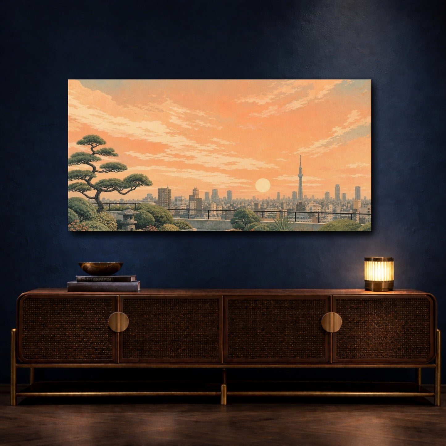 Mockup 4. Textured Vintage Travel Poster Tokyo Rooftop Garden Beneath A Peach Sky, Sage, Concrete Gray And Apricot shown as canvas print