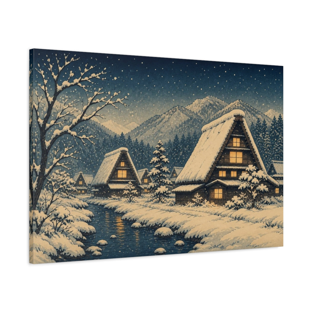 Main Mockup. Thatched Village Winter Night shown as canvas print