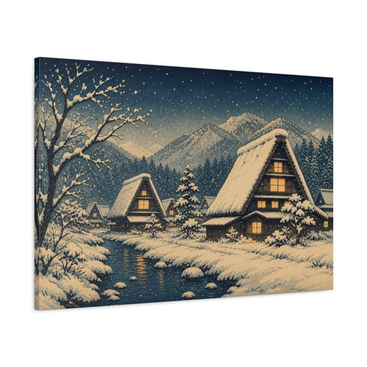 Main Mockup. Thatched Village Winter Night shown as canvas print