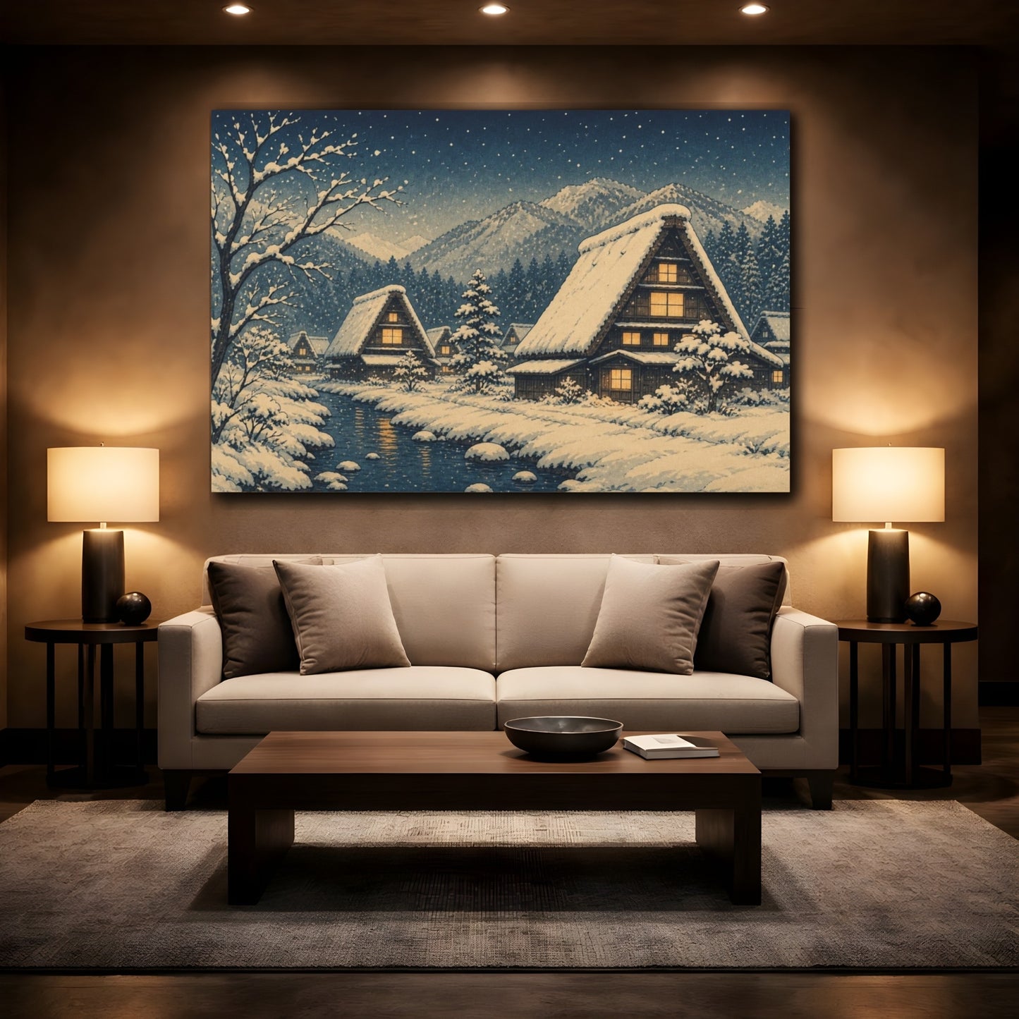 Mockup 2. Thatched Village Winter Night shown as canvas print