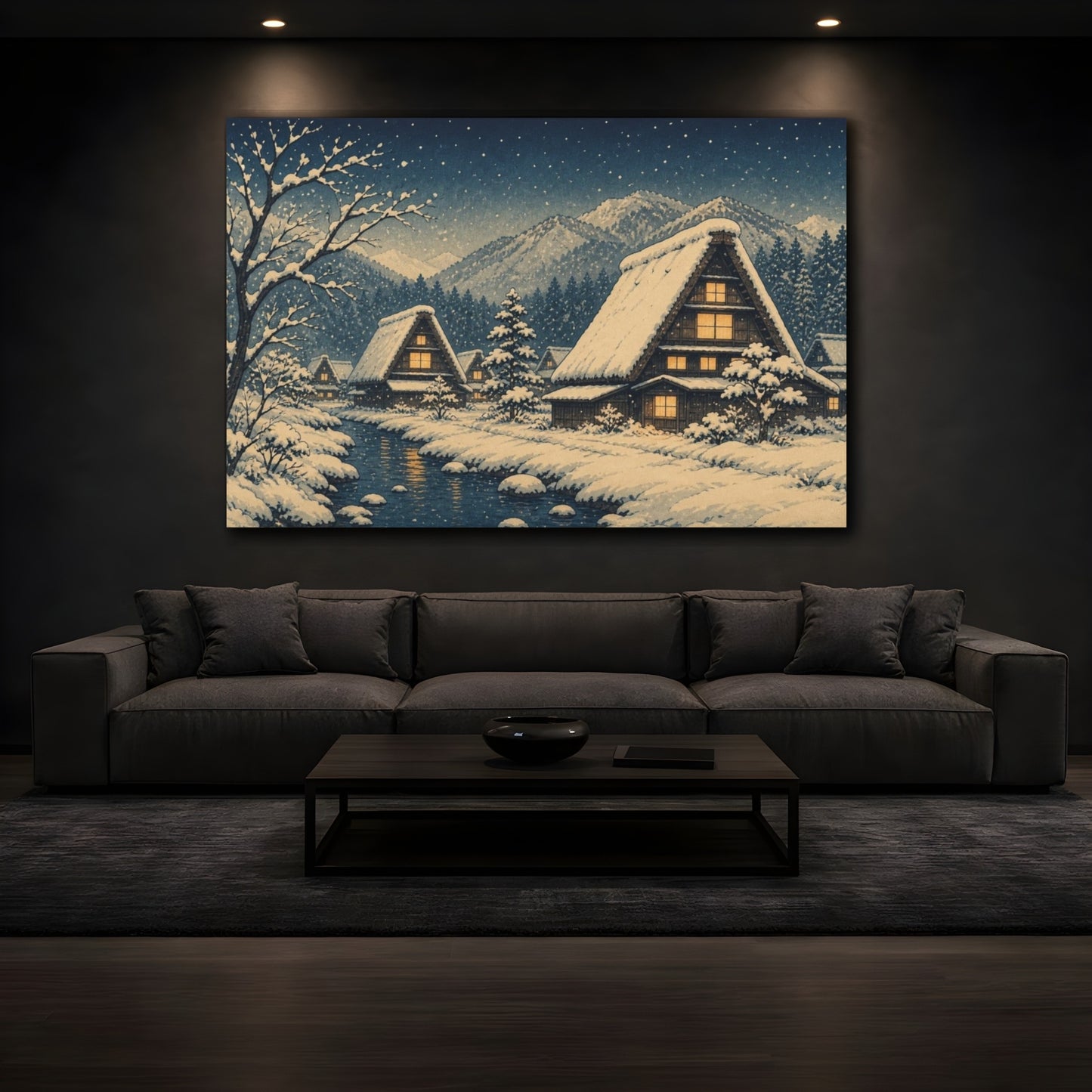 Mockup 3. Thatched Village Winter Night shown as canvas print