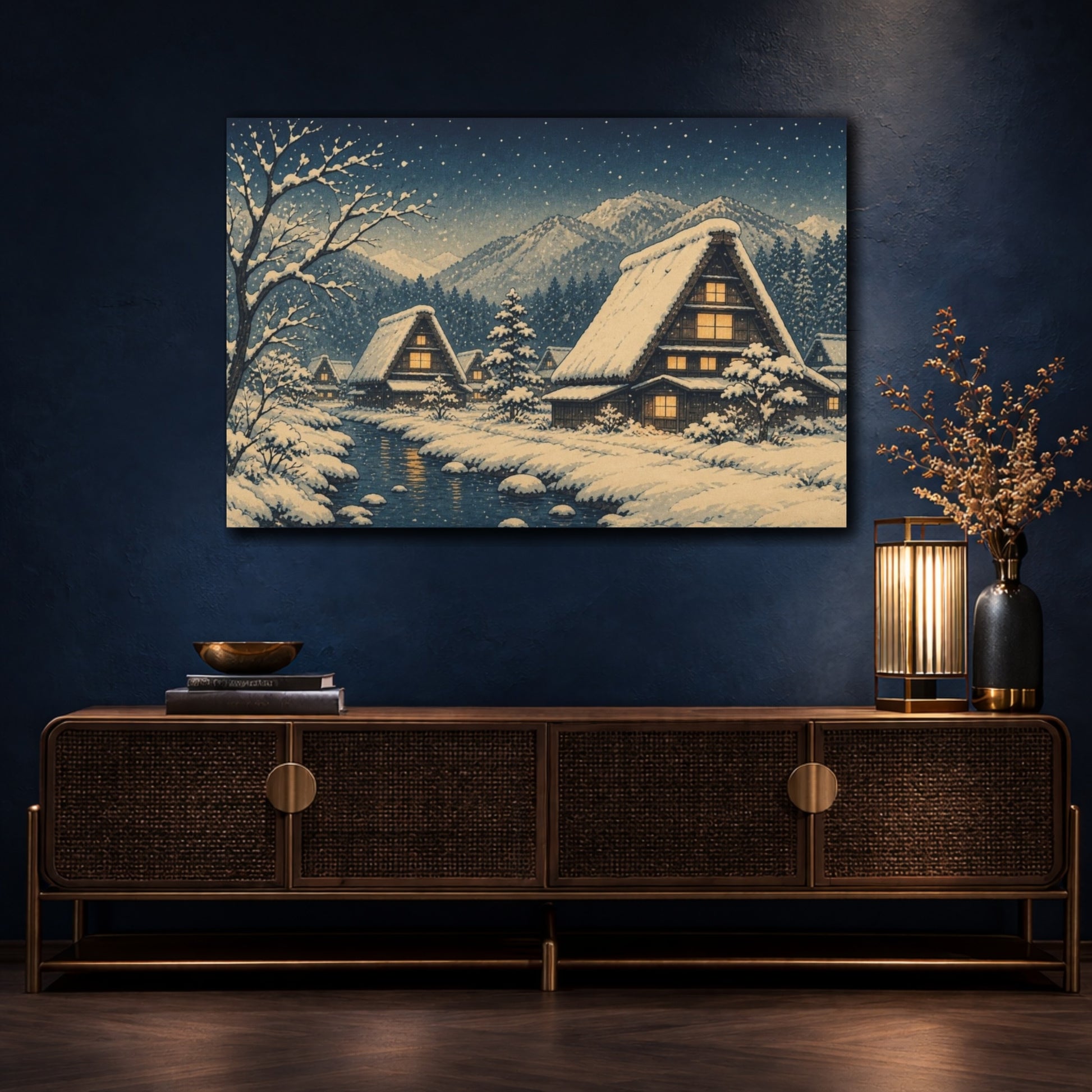 Mockup 4. Thatched Village Winter Night shown as canvas print